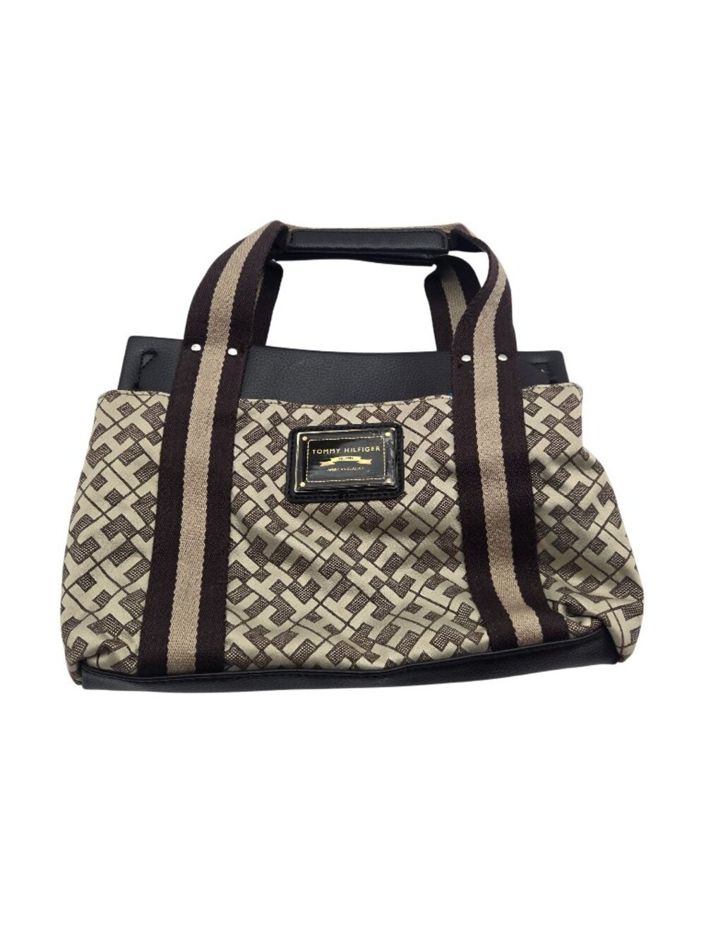 Tommy Hilfiger Tan/Brown Logo Canvas Tote Bag Purse Handbag Women 11x9in